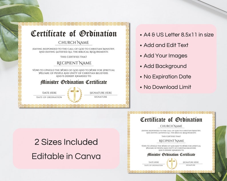 Op de afbeelding: Bewerkbare certificaat van ordeningssjabloon in Canva. Het certificaat heeft een gouden rand en een kruis met een gouden achtergrond. De tekst luidt "Certificaat van ordening" en bevat de woorden "Kerknaam", "Naam van de ontvanger", "Datum van de ordening" en "Handtekening".