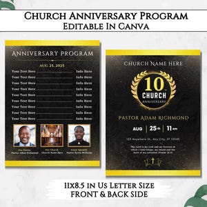 Church Anniversary Program Double Sided Flyer, Editable DIY Church Anniversary Brochure, Printable Church Bulletin Design Canva Template.