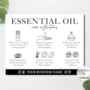 May include: Black and white infographic with instructions for using essential oils. The infographic includes icons for diluting essential oils, patch testing, diffusing, storage, and safety precautions. The text reads "Essential Oil Care Instructions".