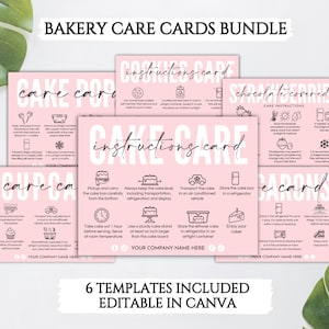 Editable Bakery Business Care Cards Bundle, Printable Cake Care Card, Cookie Care Cards, Cupcake Care Guide, Cake Pop Macaron Care Card.