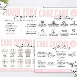 Pacchetto di biglietti per la cura delle torte, biglietti guida modificabili per il taglio delle torte, ringraziamento aziendale per torte stampabile, modello di Canva per l'imballaggio aziendale delle torte. TDS-05
