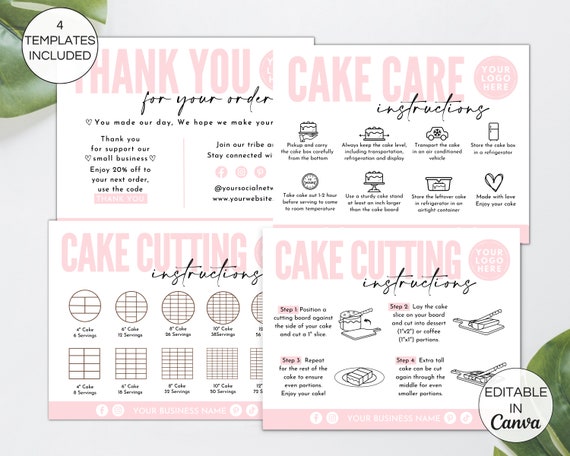 Cake Care Cards Bundle, Editable Cake Cutting Guide Cards, Printable Cake Business Thank You, Cake Business Packaging Canva Template. TDS-05
