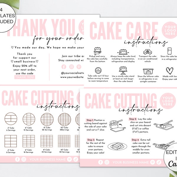 Cake Care Cards Bundel, Bewerkbare Cake Cutting Guide Cards, Afdrukbare Cake Business Bedankt, Cake Business Packaging Canva Template. TDS-05