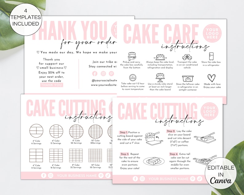 Cake Care Cards Bundle, Editable Cake Cutting Guide Cards, Printable Cake Business Thank You, Cake Business Packaging Canva Template. TDS-05 image 1