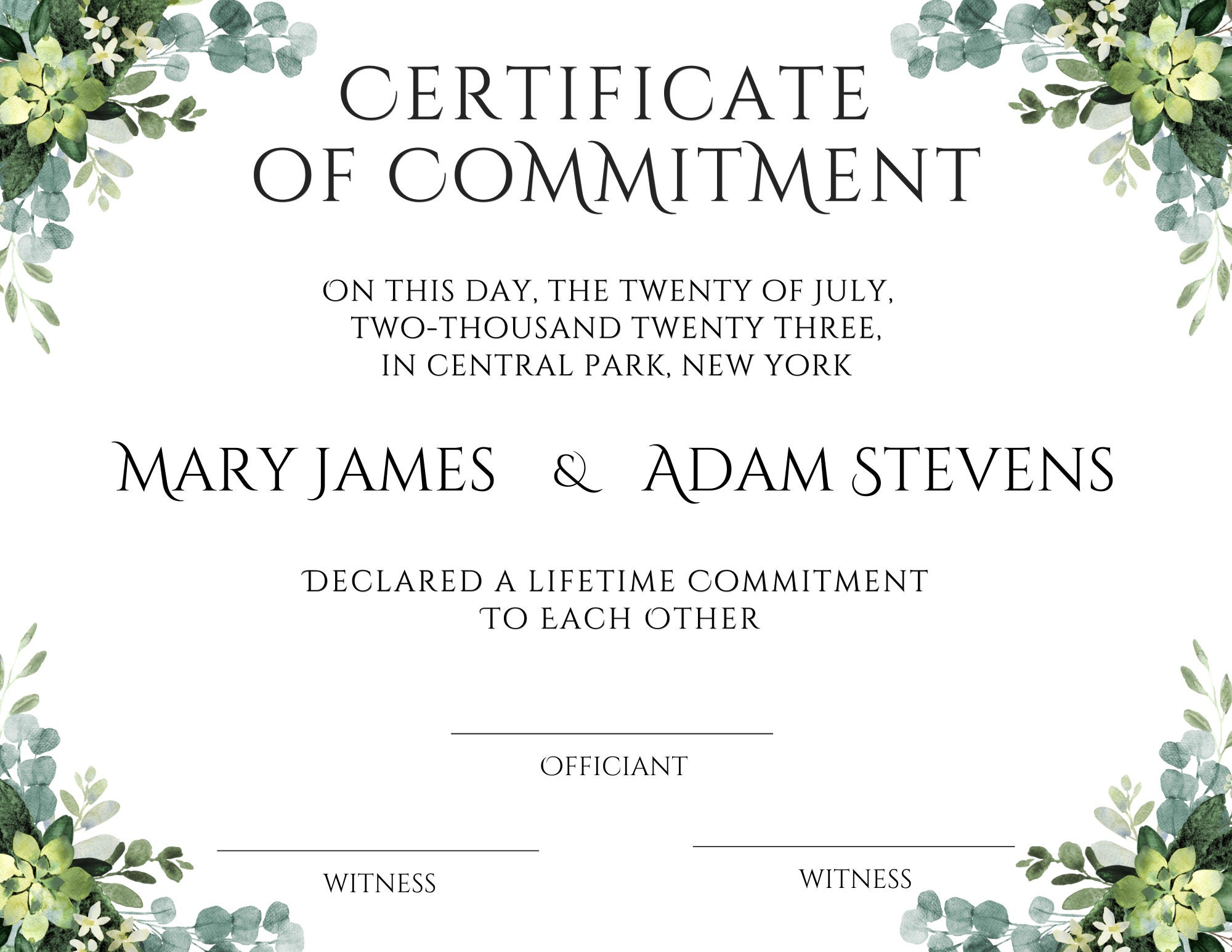 Certificate of Commitment, Printable Greenery Commitment Certificates ...