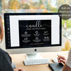 May include: A computer screen displaying a black and white candle care instructions graphic. The graphic includes text that says "candle care instructions" and lists several tips for candle care. The text includes "To prevent tunneling, allow enough time for the wax to melt to the edges of the container." and "Avoid burning the candle for more than 4 hours at a time."