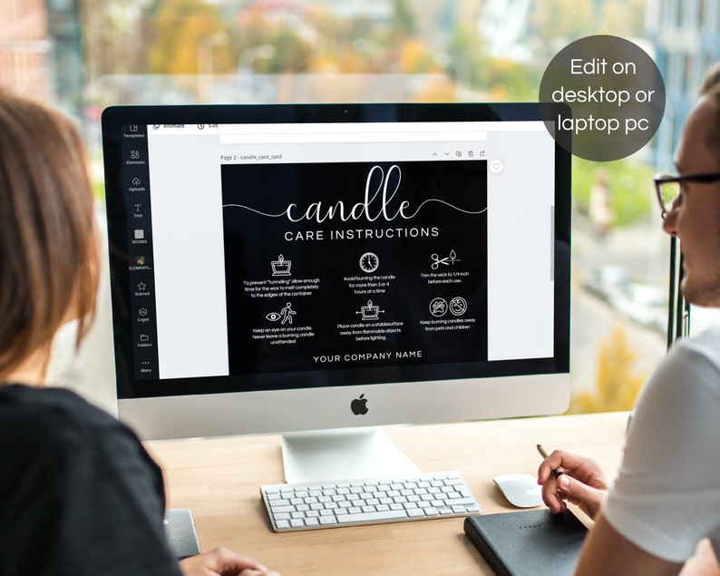May include: A computer screen displaying a black and white candle care instructions graphic. The graphic includes text that says "candle care instructions" and lists several tips for candle care. The text includes "To prevent tunneling, allow enough time for the wax to melt to the edges of the container." and "Avoid burning the candle for more than 4 hours at a time."