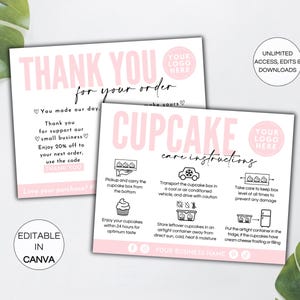 Cupcake Care Card Template, Editable Cupcake Care Instructions, Printable Cupcake Business Thank You Cards, Cupcake Packaging Inserts.TDS-05