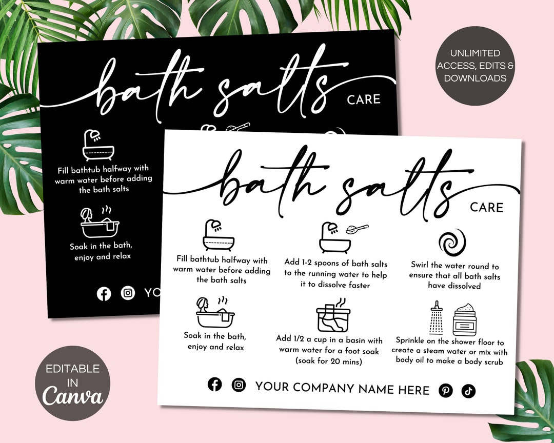 Bath Salts Care Card Template, Printable Epsom Salts Care Guide