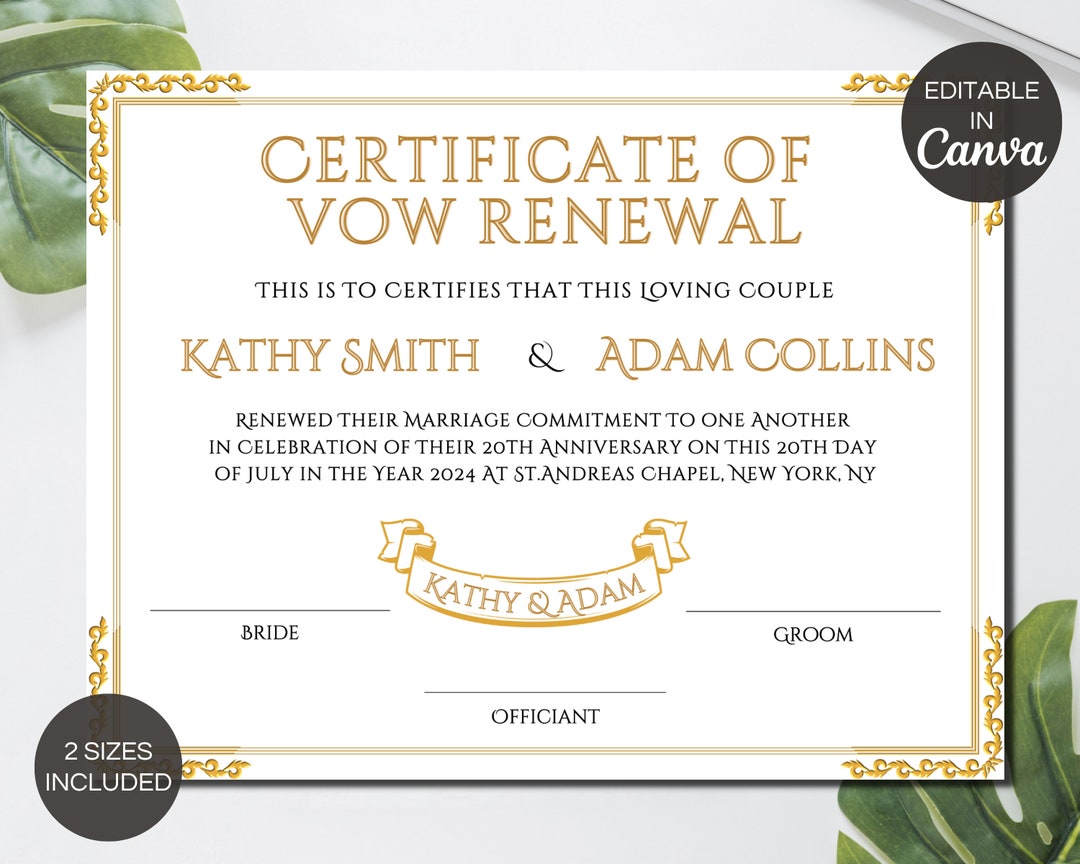 Editable Vow Renewal Certificate Printable Wedding Renewal of - Etsy