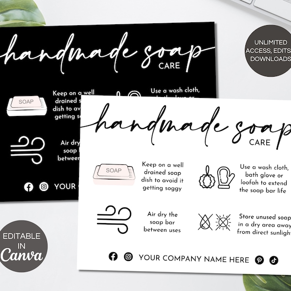 Handmade Soap Care Card Template, Editable Soap Care Cards, Printable Soap Packaging Care Instructions, Soap Small Business Inserts. TDS-05