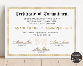 Commitment Certificate Template, Printable Certificate Of Commitment, Editable Commitment Ceremony Certificate, Canva Template. TDS-10