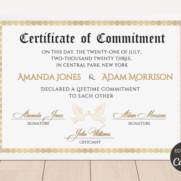 Commitment Certificate Template, Printable Certificate Of Commitment, Editable Commitment Ceremony Certificate, Canva Template. TDS-10