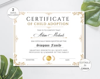 Certificate Of Child Adoption, Printable Adoption To Our Family Certificates, Editable Canva Template