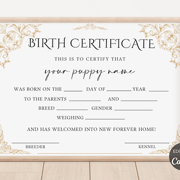 Dog Birth Certificate, Puppy Birth Certificate Template, Editable New Puppy Birth Certificate, Printable Pet Adoption Certificate. TDS-09