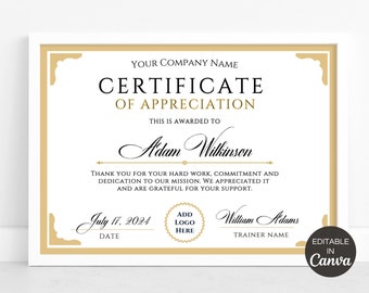 Editable Certificate Of Appreciation, Printable Appreciation Certificates, Custom Canva Template