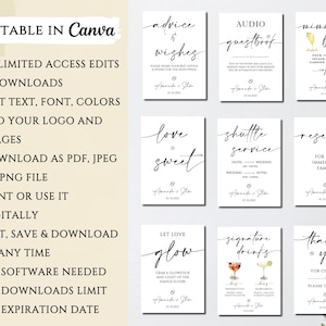 May include: Ten printable wedding signs with black calligraphy text on a white background. The signs include "Advice & Wishes", "Audio Guestbook", "Mimosa Bar", "Love is Sweet", "Shuttle Service", "Reserved for the Immediate Family", "Let Love Glow", "Signature Drinks", and "Thank You for Coming".