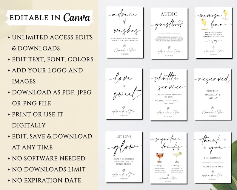May include: Ten printable wedding signs with black calligraphy text on a white background. The signs include "Advice & Wishes", "Audio Guestbook", "Mimosa Bar", "Love is Sweet", "Shuttle Service", "Reserved for the Immediate Family", "Let Love Glow", "Signature Drinks", and "Thank You for Coming".