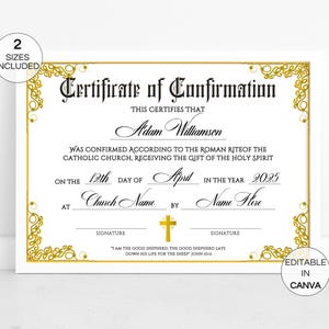 Bewerkbaar certificaat van bevestiging, certificaat religieus-katholiek vormsel, certificaat sacrament van het vormsel op maat kerk