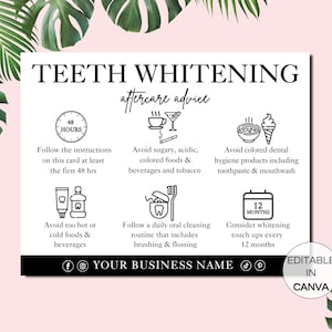 Teeth Whitening Aftercare Card, Editable Teeth Whitening Care Instructions, Printable Teeth Treatment Post Care Guide Canva Template. TDS-05