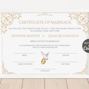 Heiratsurkunde Vorlage, bearbeitbare Heiratsurkunde, grüne Hochzeitsurkunde, digitaler Download Canva Vorlage. TDS-10