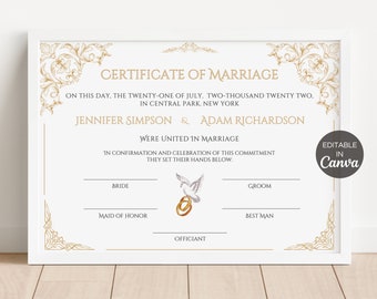 Certificate Of Marriage Template, Editable Marriage Certificate, Greenery Wedding Certificate, Digital Download Canva Template. TDS-10