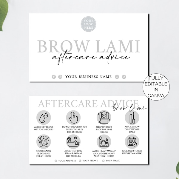 Brow Lamination Aftercare Cards, Editable Brows Lami Care Instructions, Printable Client Care Card, Beauty Salon Esthetician Template.TDS-05