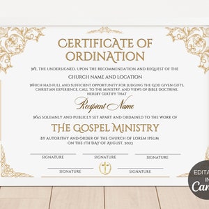 Editable Ordination Certificate Template, Gospel Ministry Certificate Template, Certificate Of Ordination, Printable Canva Template. TDS-10