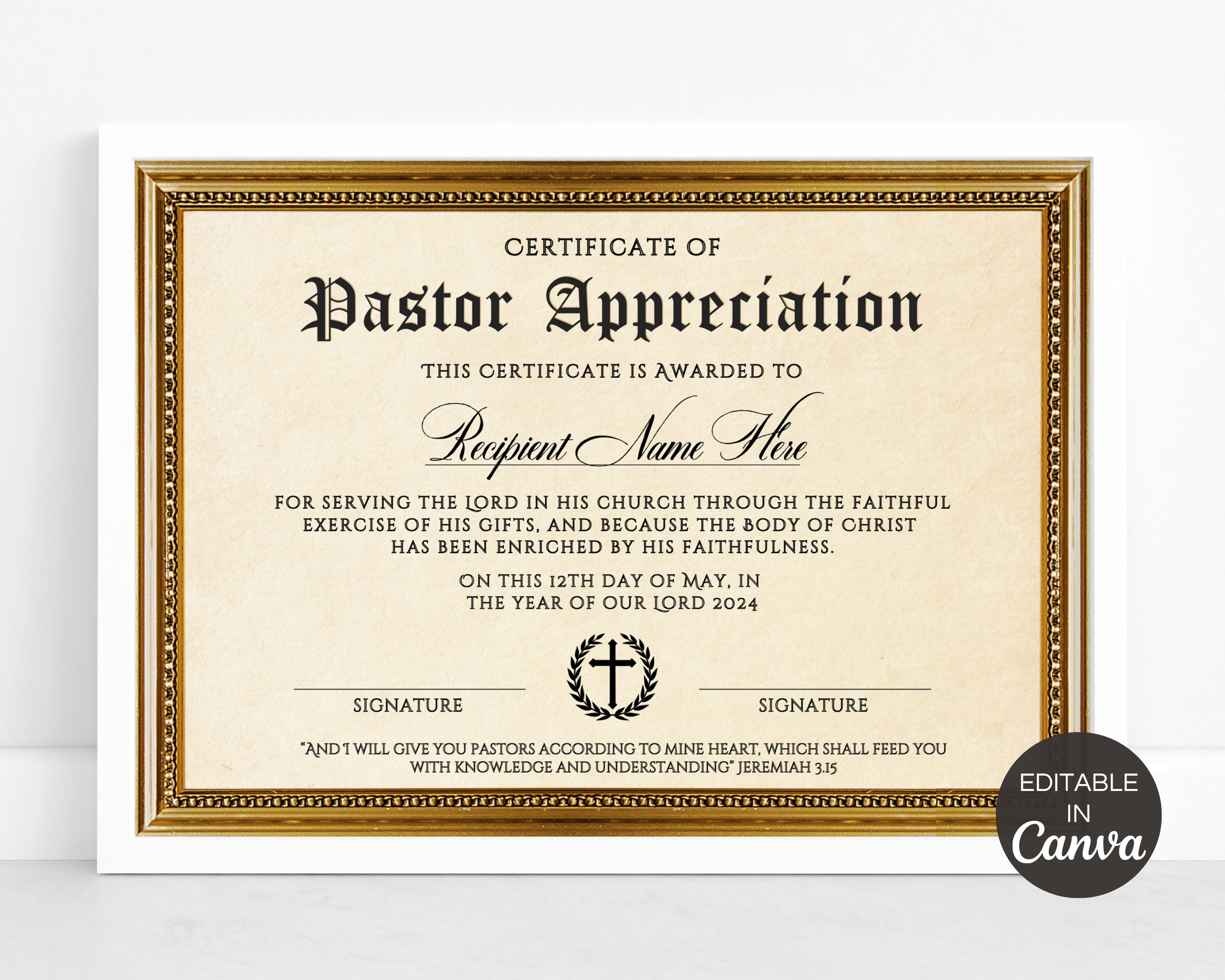 pastor appreciation certificate, editable pastor certificate of