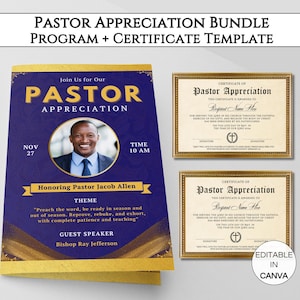 Pastor Appreciation Bundle, Editable Pastor Appreciation Program Template, Pastor Appreciation Certificate, Printable Pastor Canva Templates