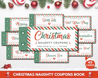 May include: A set of Christmas-themed naughty coupons with red and green accents. The coupons feature phrases like "Dirty Talk" and "Hot Wax Play." The set includes 40 cards and is designed as a gift from Chloe to Mike.