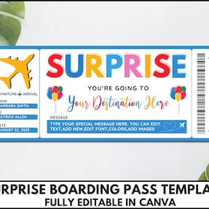 Überraschungs Bordkarte Vorlage, bearbeitbares bearbeitbares Fake Flugticket, druckbares Überraschungsurlaub Flugticket, Reisegutschein Canva.TDS-13