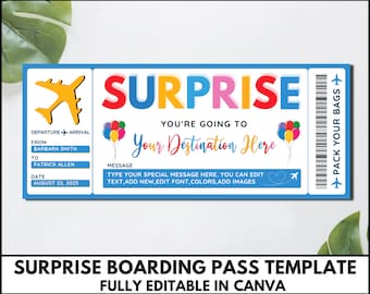 Plantilla de tarjeta de embarque sorpresa, billete de avión falso editable editable, billete de avión de vacaciones sorpresa imprimible, vale de viaje Canva.TDS-13