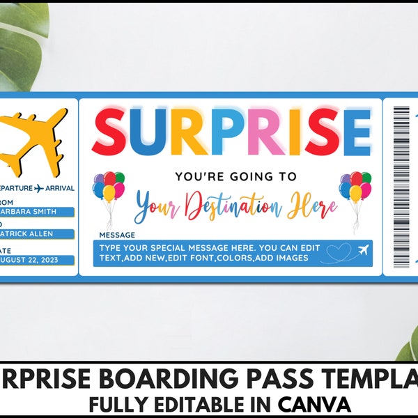 Surprise Boarding Pass Template, Editable Editable Fake Plane Ticket, Printable Surprise Vacation Airline Ticket,Travel Voucher Canva.TDS-13