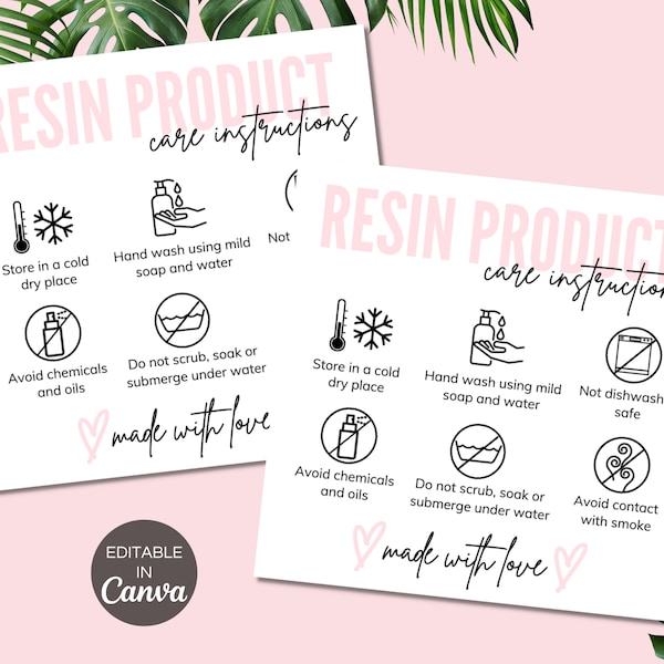 Resin Care Card Editable Template, Printable Resin Instructions Care Card Canva Template, Resin Jewelry Care Guide Canva Template. TDS-05