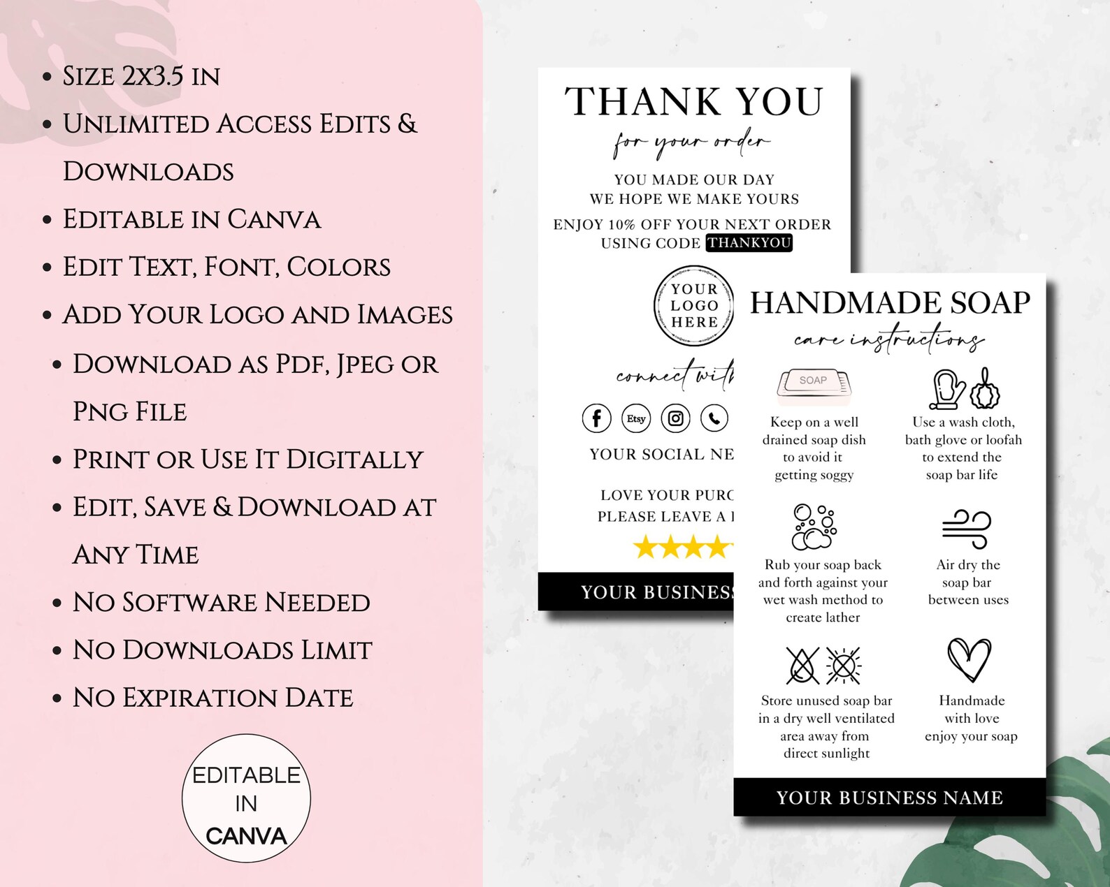 Handmade Soap Care Card Template, Editable Soap Care Cards, Printable ...