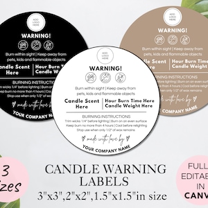 Editable Candle Warning Label Template, Candle Safety Label, Circle Label Design, Custom Candle Label Instructions, Canva Label. TDS-06