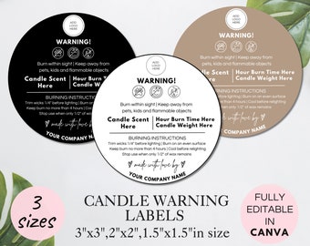 Etiqueta de advertencia editable para velas, pegatinas de seguridad imprimibles para velas, plantilla de etiquetas personalizadas de Canva