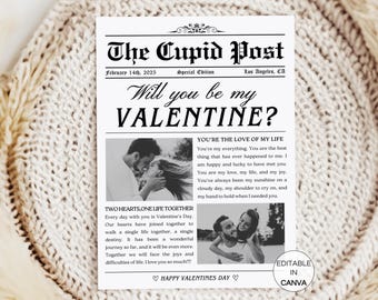 Valentines Day Newspaper Template, Editable Will You Be My Valentine, Printable Cupid Post Journal