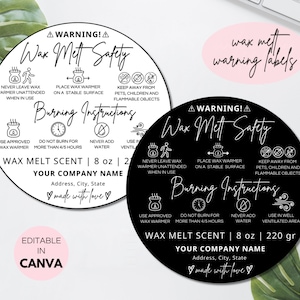 Wax Melt waarschuwingslabelsjabloon, bewerkbare Wax Melt waarschuwingssticker Canva-sjabloon, afdrukbare Wax Melt veiligheidskaart, digitale download. TDS-06