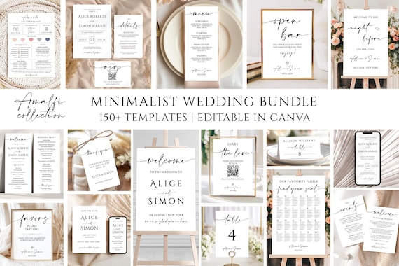 Minimalist Wedding Template Bundle, 150+ Wedding Templates, Editable Reception Signs, Modern Invitation Suite