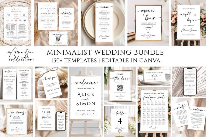 Minimalist Wedding Template Bundle, 150+ Wedding Templates, Editable Reception Signs, Modern Invitation Suite image 1