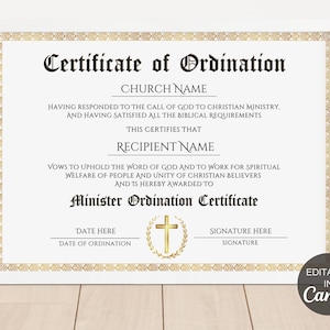 Certificaat van wijding, bewerkbaar ministeriecertificaat, afdrukbaar predikantcertificaat, sjabloon wijdingscertificaat. TDS-10