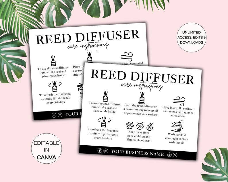 Reed Diffuser Instructions Cards, Printable Room Diffuser Care Card ...