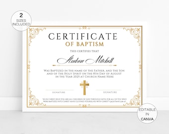 Editable Baptism Certificate, Printable Baby Baptism Certificates, DIY Church Religious Canva Template