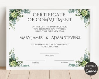 Commitment-Zertifikat, druckbare Greenery-Verpflichtungszertifikate, bearbeitbare Canva-Vorlage