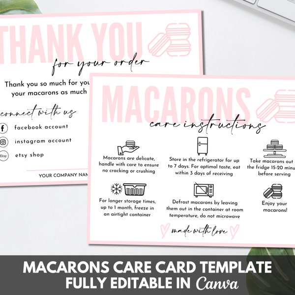 Macaron Care Card Template, Editable Macarons Care Instructions, Printable Macaron Small Business Thank You Cards Canva Template. TDS-05