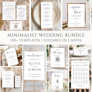 May include: A collection of minimalist wedding stationery templates, including invitations, menus, and signage. The designs feature elegant black script on a white background. The text "Amalfi Collection" and "Minimalist Wedding Bundle" are also visible.