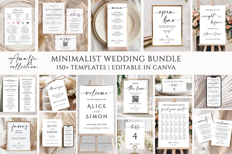 May include: A collection of minimalist wedding stationery templates, including invitations, menus, and signage. The designs feature elegant black script on a white background. The text "Amalfi Collection" and "Minimalist Wedding Bundle" are also visible.