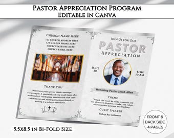 Pastor Appreciation Program Template, Editable Pastor Installation Bifold Brochure, Printable Church Bulletin Design Canva Template. TDS-10